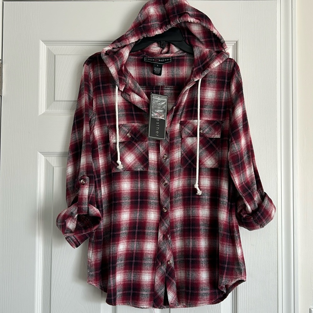 Burgundy Black pink Flannel Hooded Top